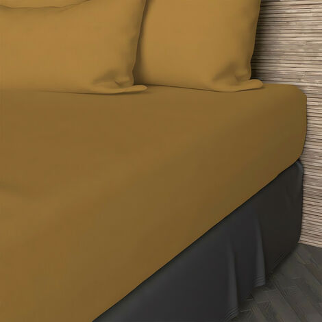 Drap housse en coton 57 fils 180x200 cm UNI moutarde, par Soleil d'ocre