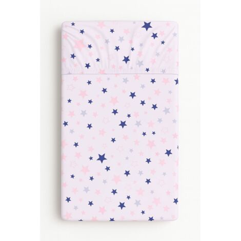 Drap housse en coton pour berceau 140x70 cm - étoiles bleu marine et roses sur fond blanc