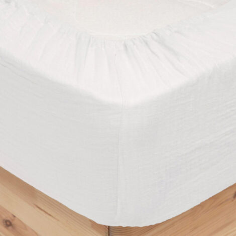 Drap Housse en Gaze de Coton "Flora" 140x190cm Blanc