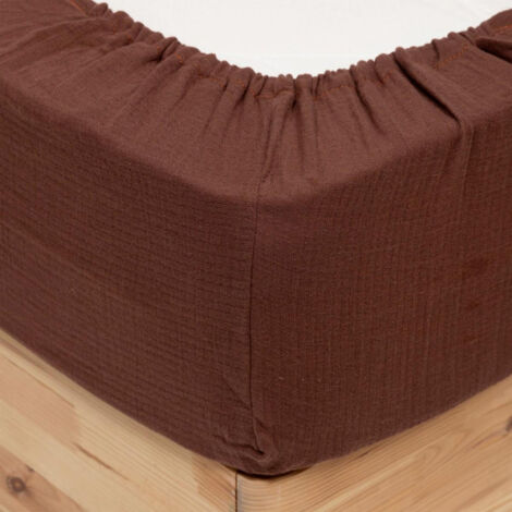 Drap Housse en Gaze de Coton "Flora" 140x190cm Marron