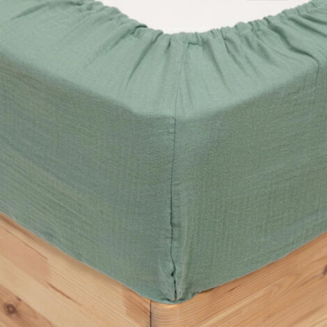 Drap Housse en Gaze de Coton "Flora" 140x190cm Vert Céladon