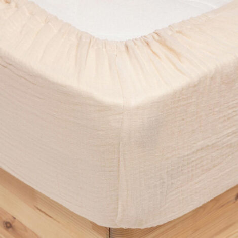 Drap Housse en Gaze de Coton "Flora" 160x200cm Beige Lin