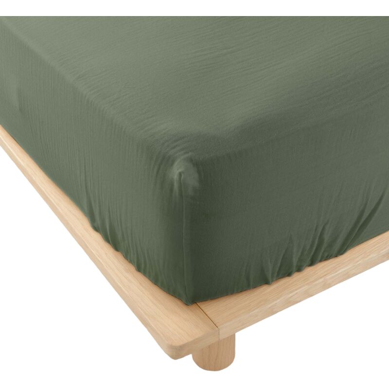Drap housse gaze de coton 160 x 200 cm tendance uni kaki