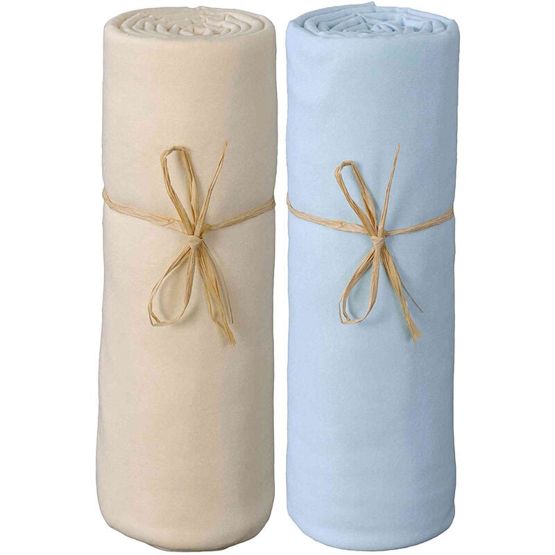 P'tit Basile - Lot de 2 draps housses bébé jersey bio écru et bleu 60x120