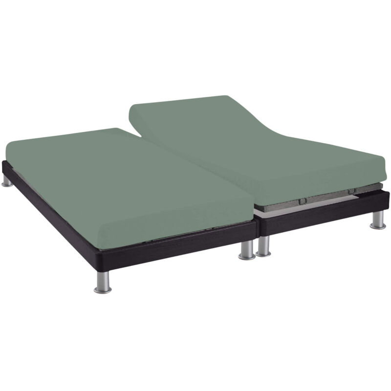 Drap housse pour lit articulé 2x80x200 vert de gris 100% coton Terre de Nuit