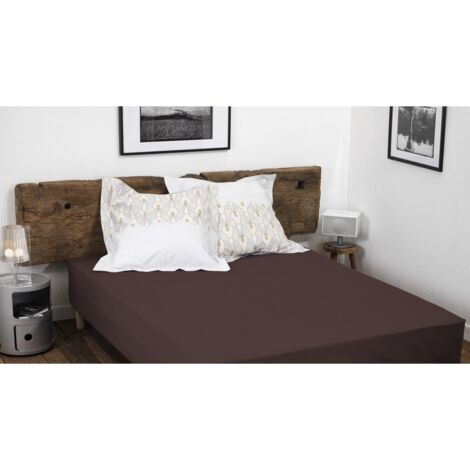 Drap housse uni coton 57 fils chocolat 140x190 cm bonnet 30 cm