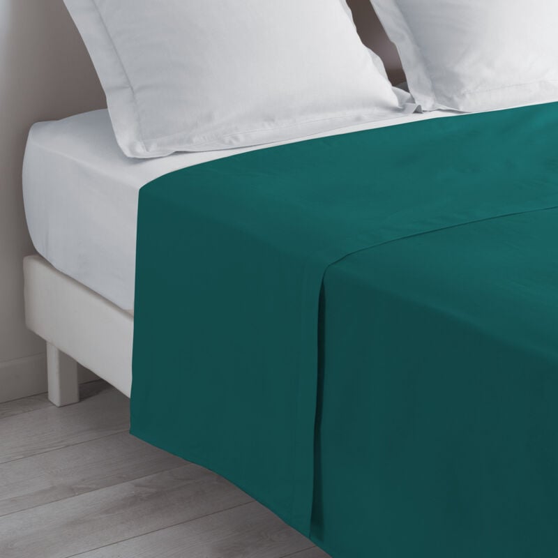 Drap plat 2 personnes 240 x 300 cm uni 57 fils lina +point bourdon Petrole