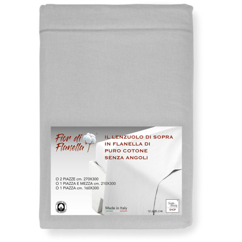 Drap supérieur en flanelle grise sans coins - Pur coton doux Fabriqué en Italie Pour matelas maxi et surdimensionnés Cm. 160x300