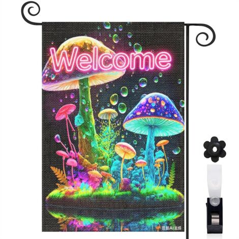 Drapeau de jardin 30 x 45 cm motif champignons colorés lumineux toile double face pour décoration jardin et terrasse