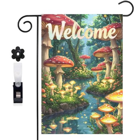 Drapeau de jardin 30 x 45 cm motif champignons et forêt fantastique toile double face pour jardin et terrasse