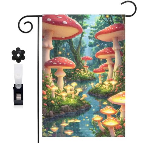 Drapeau de jardin 30 x 45 cm motif champignons féeriques en forêt toile double face pour décoration extérieure