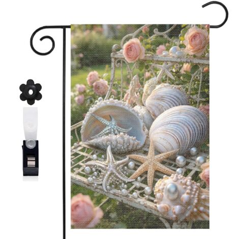 Drapeau de jardin 30 x 45 cm motif coquillages et perles style bord de mer toile double face