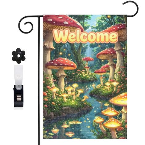 Drapeau de jardin 30 x 45 cm motif forêt magique et champignons colorés toile double face durable
