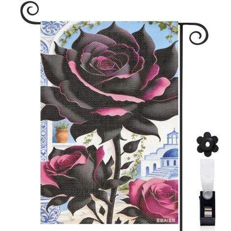 Drapeau de jardin arche en fer et rose noire 30 x 45 cm décoration cour et balcon