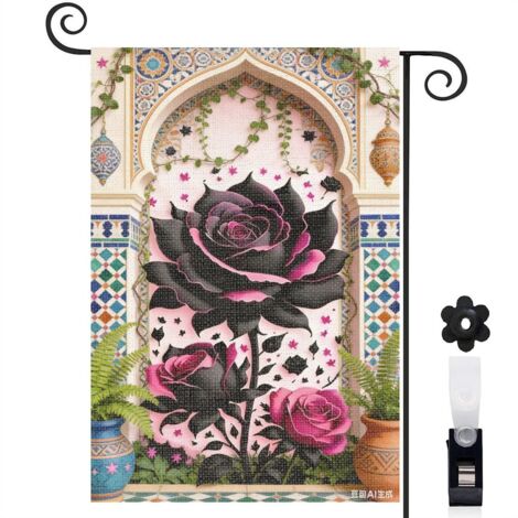 Drapeau de jardin arche florale et rose noire 30 x 45 cm décoration terrasse et extérieur