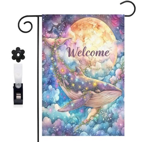 Drapeau de jardin bienvenue 30 x 45 cm motif baleine colorée et mer toile double face durable