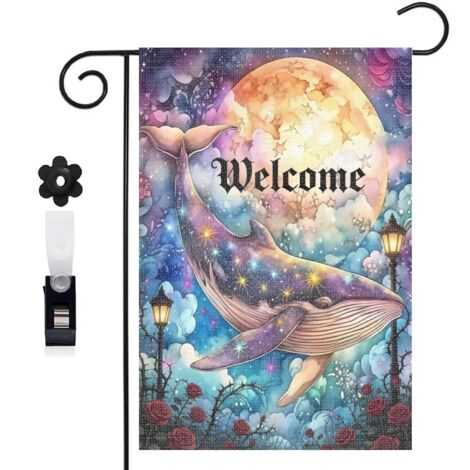 Drapeau de jardin bienvenue 30 x 45 cm motif baleine et ambiance océanique toile double face