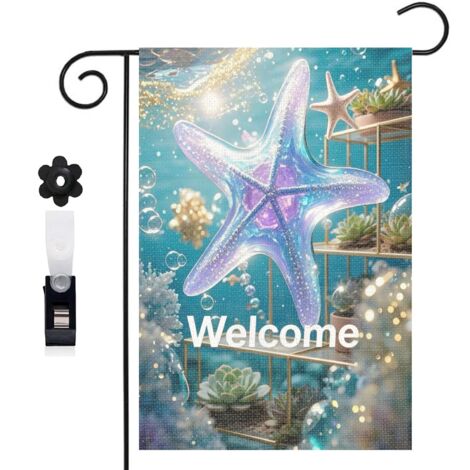 Drapeau de jardin bienvenue 30 x 45 cm motif baleine et bulles marines toile double face extérieure