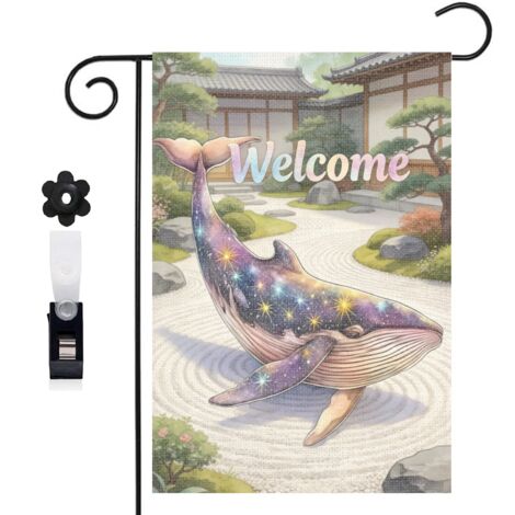 Drapeau de jardin bienvenue 30 x 45 cm motif baleine et décor marin magique toile double face résistante
