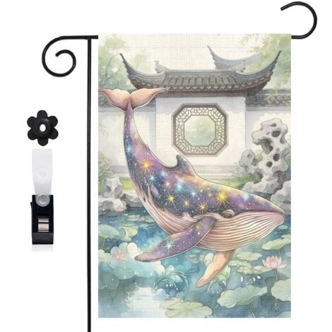 Drapeau de jardin bienvenue 30 x 45 cm motif baleine et étoiles marines style féerique toile double face