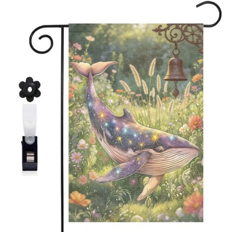 Drapeau de jardin bienvenue 30 x 45 cm motif baleine et vagues stylisées toile double face
