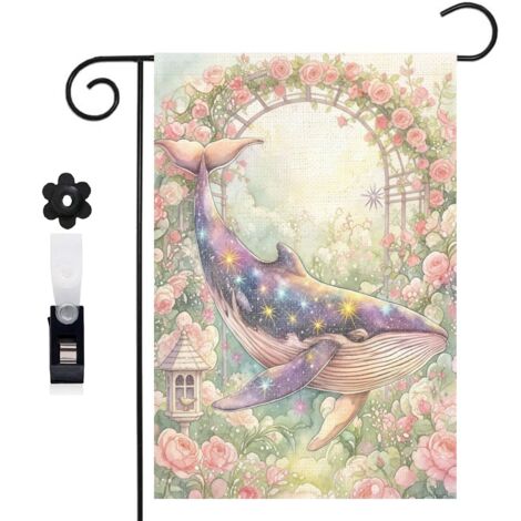 Drapeau de jardin bienvenue 30 x 45 cm motif baleine féerique et océan toile double face décoration extérieure