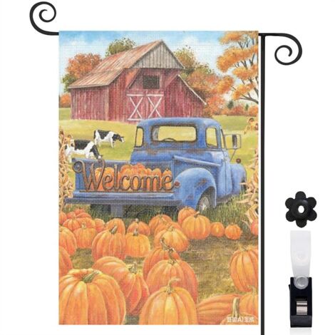 Drapeau de jardin bienvenue 30 x 45 cm motif camion ancien chargé de citrouilles toile double face