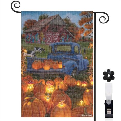 Drapeau de jardin bienvenue 30 x 45 cm motif camion bleu et récolte citrouilles toile double face