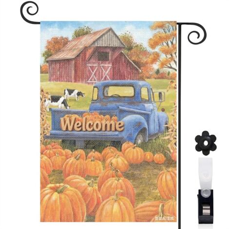 Drapeau de jardin bienvenue 30 x 45 cm motif camion vintage et citrouilles décoration automne toile double face extérieure