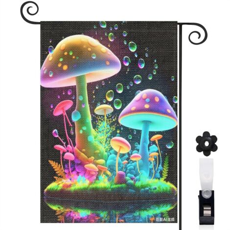 Drapeau de jardin bienvenue 30 x 45 cm motif champignons arc en ciel et fleurs toile double face