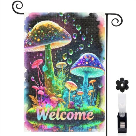 Drapeau de jardin bienvenue 30 x 45 cm motif champignons colorés féeriques toile double face décoration extérieure