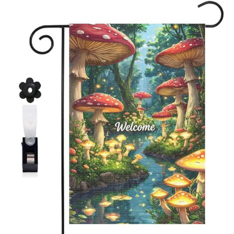 Drapeau de jardin bienvenue 30 x 45 cm motif champignons et ambiance forêt magique toile double face