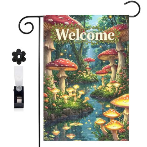 Drapeau de jardin bienvenue 30 x 45 cm motif champignons et forêt mystérieuse toile double face