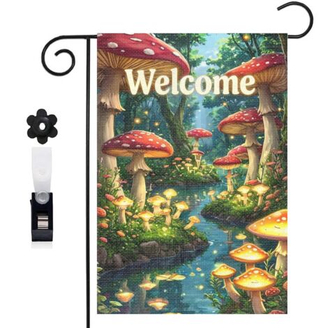 Drapeau de jardin bienvenue 30 x 45 cm motif champignons et forêt naturelle toile double face résistante