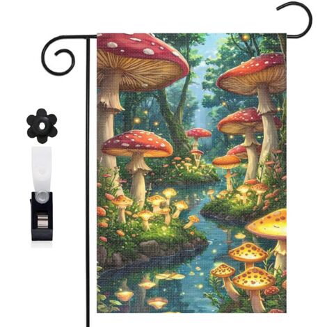 Drapeau de jardin bienvenue 30 x 45 cm motif champignons et nature forêt toile double face extérieure