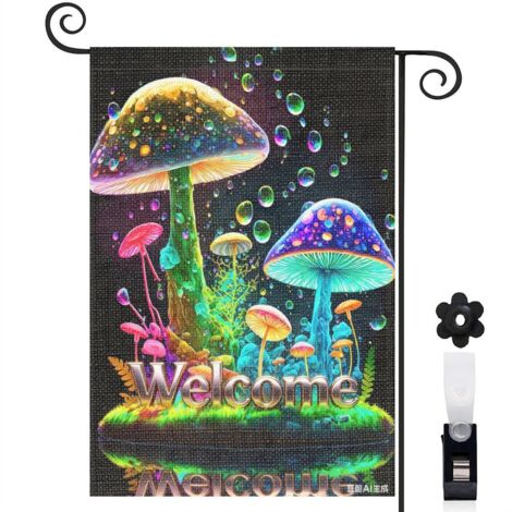 Drapeau de jardin bienvenue 30 x 45 cm motif champignons fantaisie style magique toile double face pour extérieur