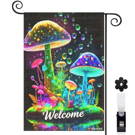 Drapeau de jardin bienvenue 30 x 45 cm motif champignons fantastiques et décor floral toile double face