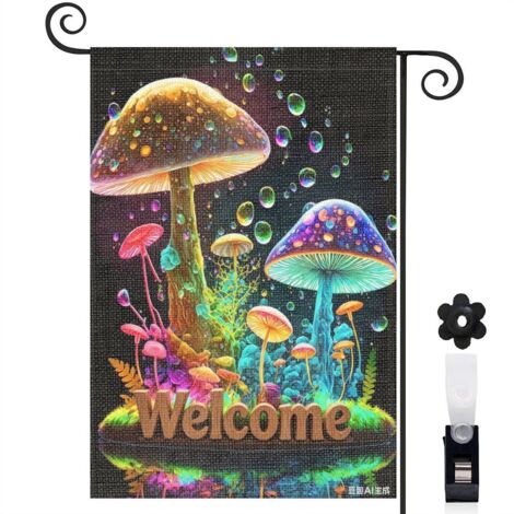Drapeau de jardin bienvenue 30 x 45 cm motif champignons féeriques et fleurs toile double face résistante