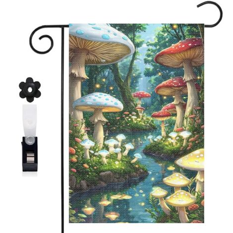 Drapeau de jardin bienvenue 30 x 45 cm motif champignons forestiers style conte toile double face durable
