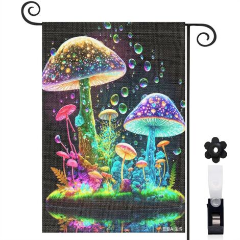 Drapeau de jardin bienvenue 30 x 45 cm motif champignons lumineux et décor naturel toile double face