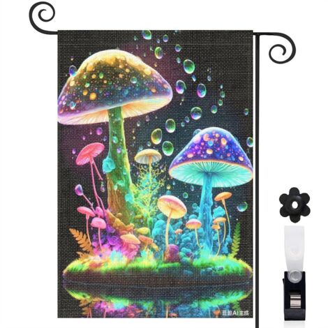 Drapeau de jardin bienvenue 30 x 45 cm motif champignons multicolores et nature toile double face