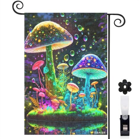 Drapeau de jardin bienvenue 30 x 45 cm motif champignons stylisés et décor naturel toile double face