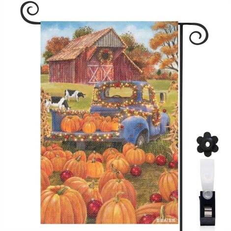 Drapeau de jardin bienvenue 30 x 45 cm motif citrouilles et camion ancien style campagne toile double face