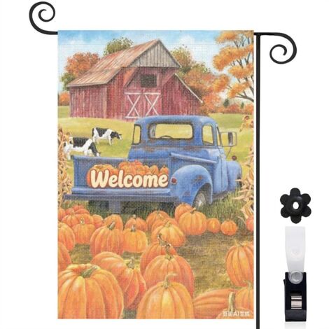 Drapeau de jardin bienvenue 30 x 45 cm motif citrouilles et paysage rural toile double face durable