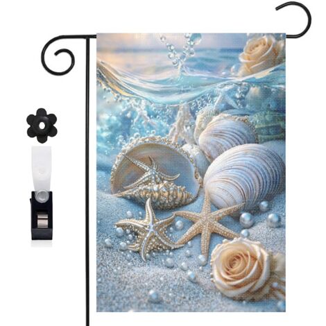 Drapeau de jardin bienvenue 30 x 45 cm motif coquillages escargots et étoiles de mer toile double face