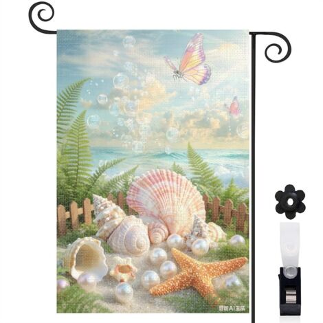 Drapeau de jardin bienvenue 30 x 45 cm motif coquillages escargots et étoiles de mer toile double face résistante