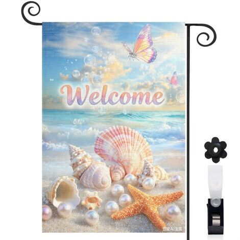 Drapeau de jardin bienvenue 30 x 45 cm motif coquillages escargots et perles style océan toile double face