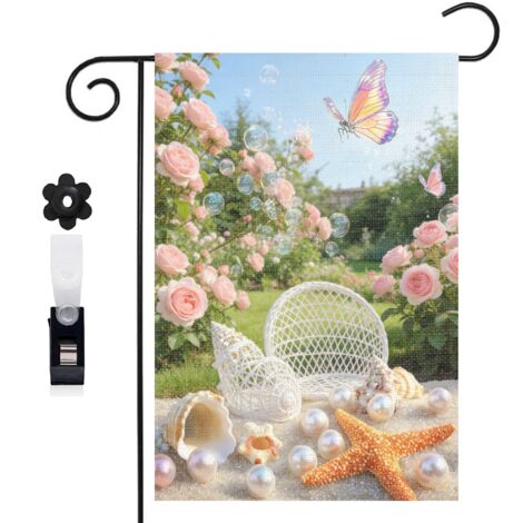 Drapeau de jardin bienvenue 30 x 45 cm motif coquillages escargots et perles toile double face