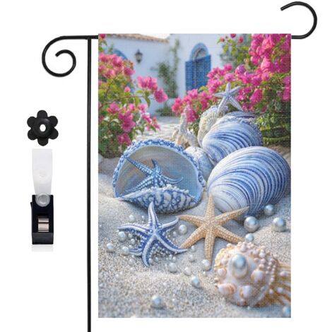 Drapeau de jardin bienvenue 30 x 45 cm motif coquillages escargots marins et perles toile double face
