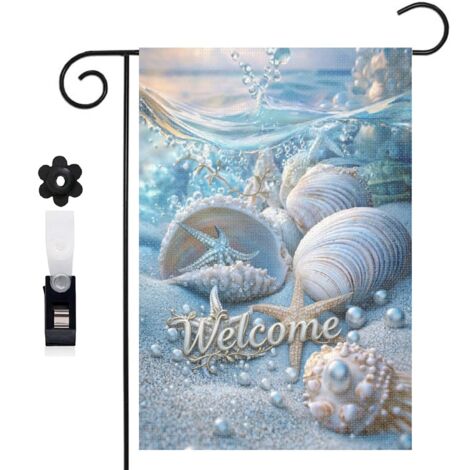 Drapeau de jardin bienvenue 30 x 45 cm motif coquillages escargots marins et sable toile double face